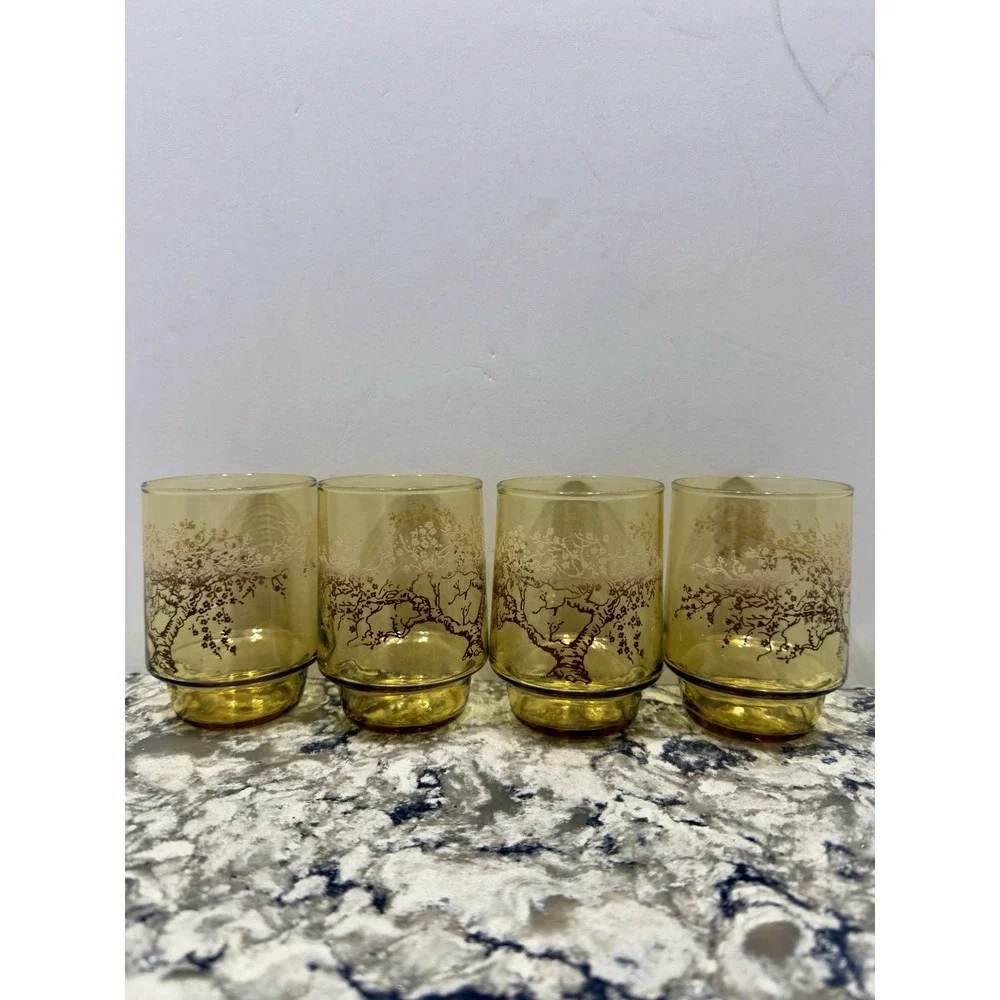 4 Vintage Amber Stacking Glasses Tumblers by Federal Glass Company Cherry Tree